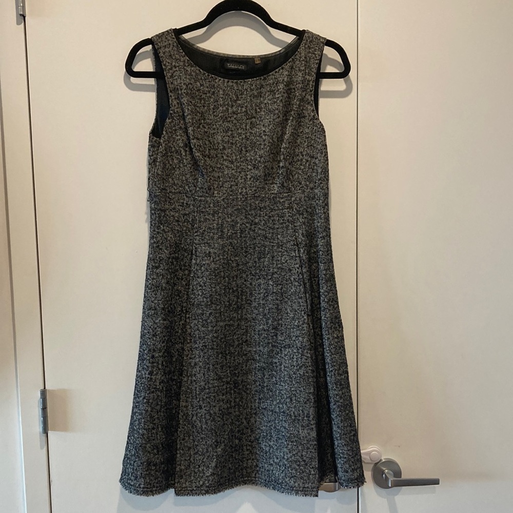 Tahari wool blend dress with net detail at neck